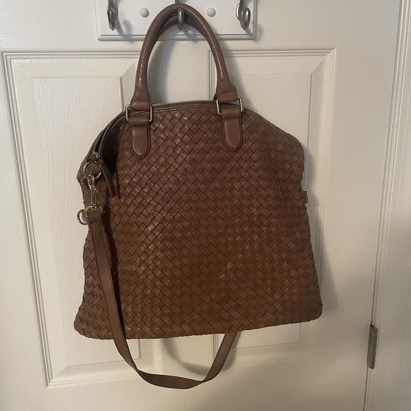 MARGOT NEW YORK WOVEN LEATHER FOLDABLE PURSE CROSSBODY BAG TOTE TAN BROWN - Picture 1 of 15